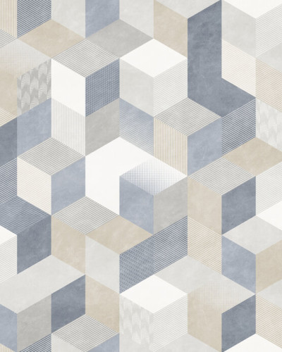 Tapet modern Casablanca Cubes, Sea cu design geometric în nuanțe de albastru, gri și bej.
