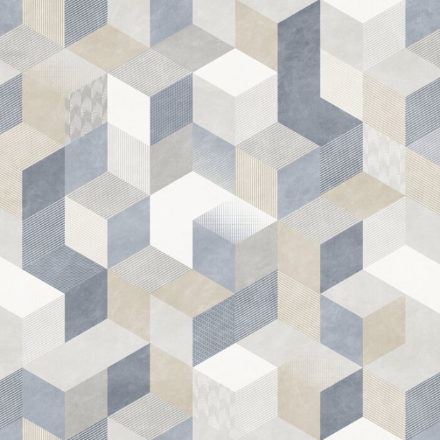 Tapet modern Casablanca Cubes, Sea cu design geometric în nuanțe de albastru, gri și bej.
