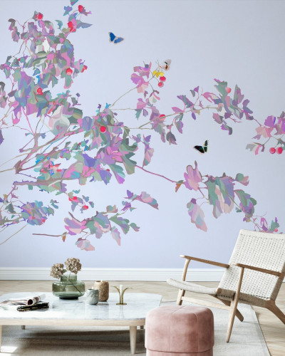 Tapetă Butterfly Twig on Peaceful Blue cu design elegant cu ramuri delicate și fluturi multicolori, pe un fundal albastru liniștitor.
