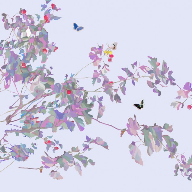 Tapetă Butterfly Twig on Peaceful Blue cu design elegant cu ramuri delicate și fluturi multicolori, pe un fundal albastru liniștitor.