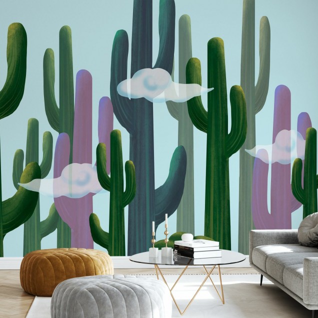 Tapet cu design de cactus și nori