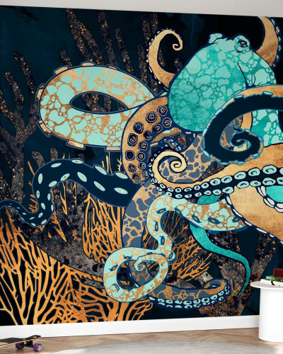 Tapet Metallic Octopus cu un design artistic, cu o caracatiță metalică pe fundal marin