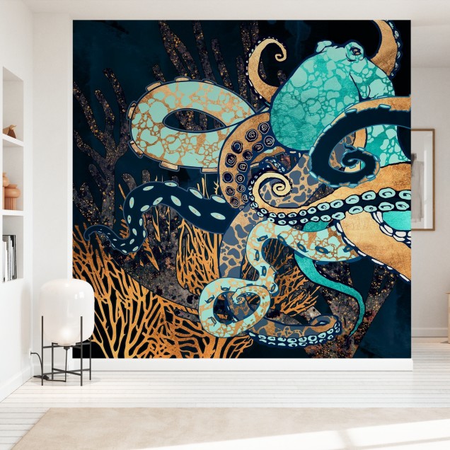 Tapet Metallic Octopus cu un design artistic, cu o caracatiță metalică pe fundal marin