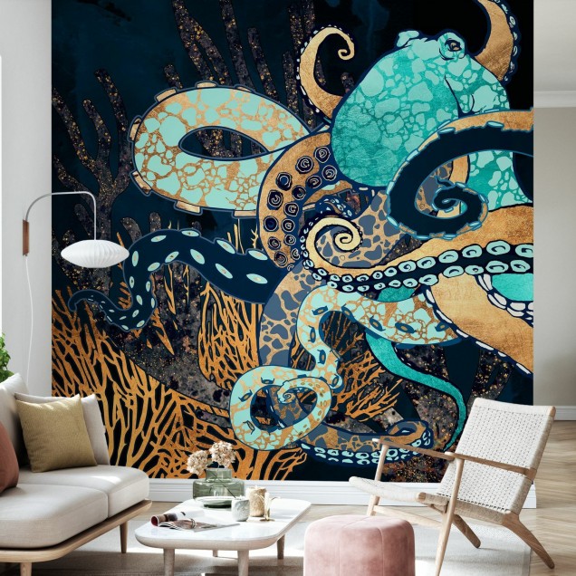 Tapet Metallic Octopus cu un design artistic, cu o caracatiță metalică pe fundal marin