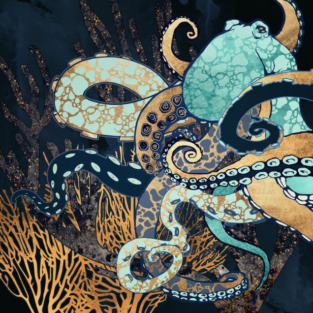 Tapet Metallic Octopus cu un design artistic, cu o caracatiță metalică pe fundal marin
