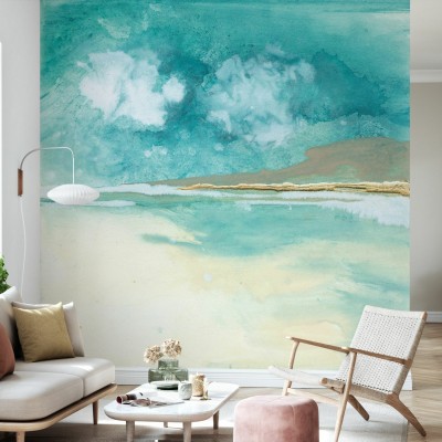 Imagine de fundal abstract cu nuanțe de verde smarald, alb și detalii aurii, în stil watercolor.