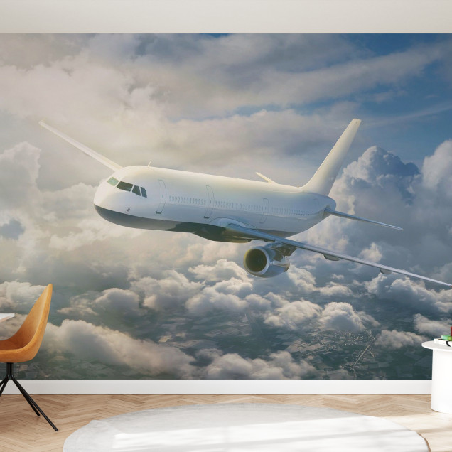 Imagine a unui tapet cu un avion care zboară deasupra norilor, într-un decor modern de living.