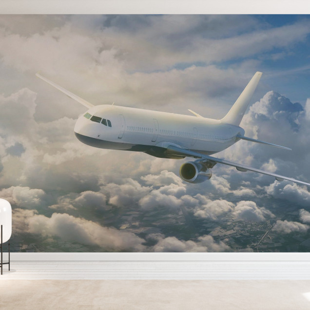 Imagine a unui tapet cu un avion care zboară deasupra norilor, într-un decor modern de living.