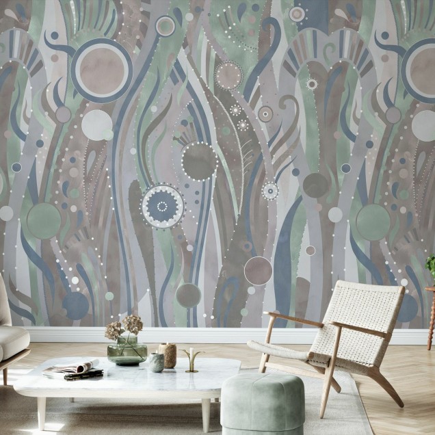 Tapet geometric cu design abstract modern in culori de verde, albastru, maro si gri