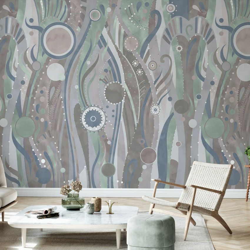 Tapet abstract geometric modern cu design de alge marine în culori neutre