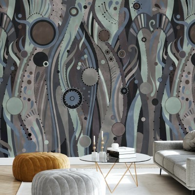 Tapet abstract geometric modern cu design de alge marine în culori neutre