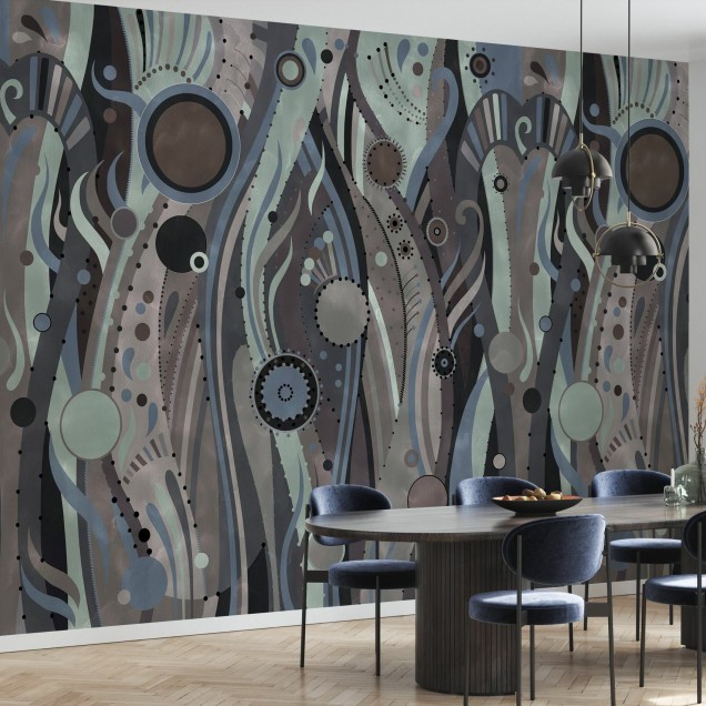 Tapet abstract geometric modern cu design de alge marine în culori neutre