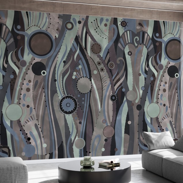 Tapet abstract geometric modern cu design de alge marine în culori neutre
