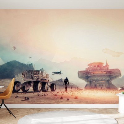 Fototapet cu tematică spațială Planetary Space Exploration Photowall. Imaginea prezintă un peisaj extraterestru cu nave spațiale, astronauți și o bază spațială.