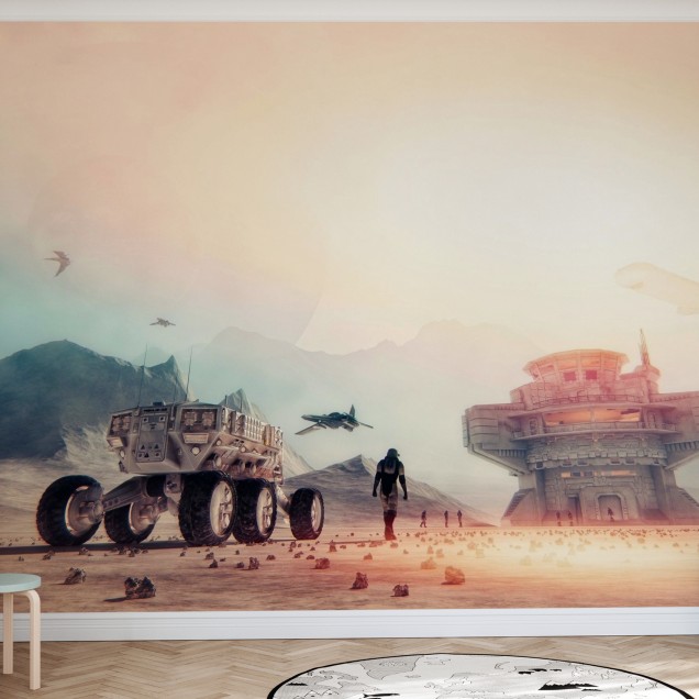 Fototapet cu tematică spațială Planetary Space Exploration Photowall. Imaginea prezintă un peisaj extraterestru cu nave spațiale, astronauți și o bază spațială.