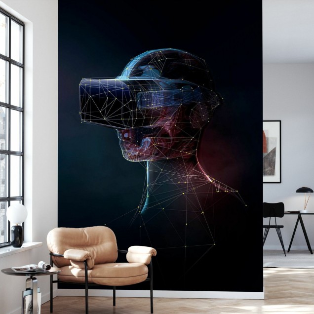 Tapet abstract VR digital image, cu un design geometric unic, cu un cap încadrat într-o cască VR