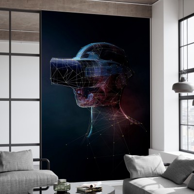 Tapet abstract VR digital image, cu un design geometric unic, cu un cap încadrat într-o cască VR