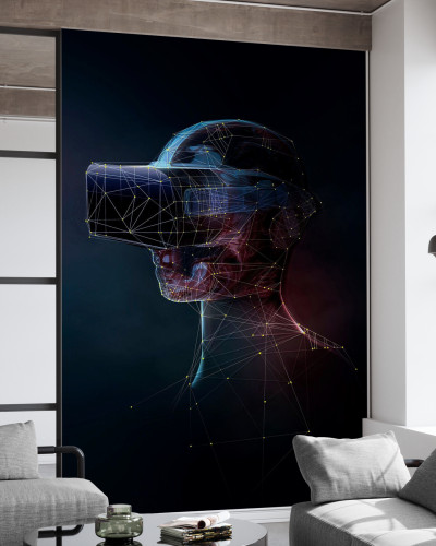 Tapet abstract VR digital image, cu un design geometric unic, cu un cap încadrat într-o cască VR