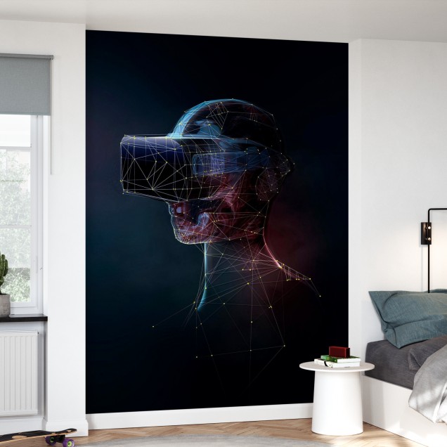 Tapet abstract VR digital image, cu un design geometric unic, cu un cap încadrat într-o cască VR