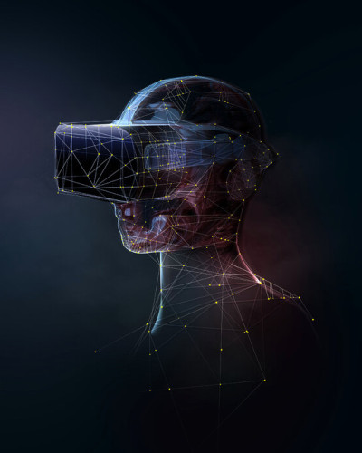 Tapet abstract VR digital image, cu un design geometric unic, cu un cap încadrat într-o cască VR
