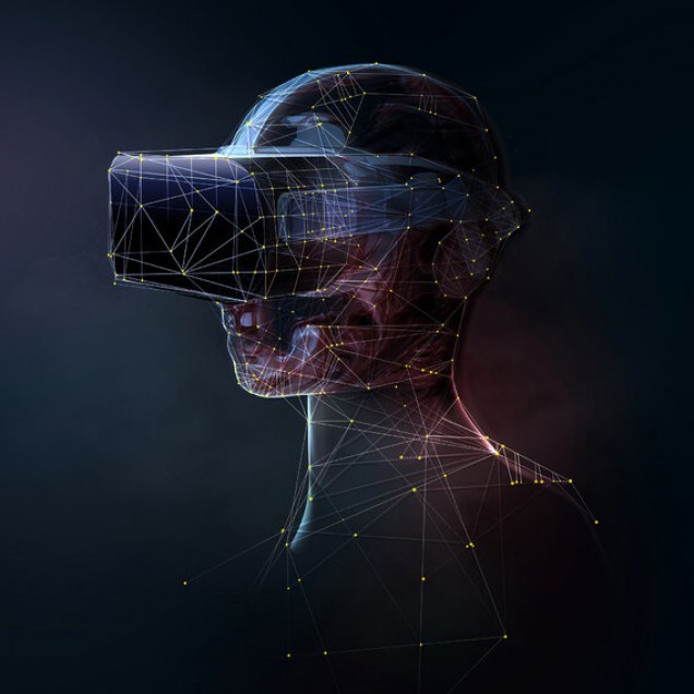 Tapet abstract VR digital image, cu un design geometric unic, cu un cap încadrat într-o cască VR