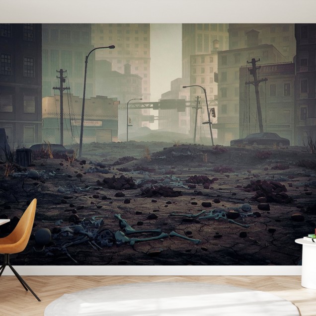 Tapet foto cu o atmosfera misterioasa si post-apocaliptica, ce prezinta un oras abandonat.