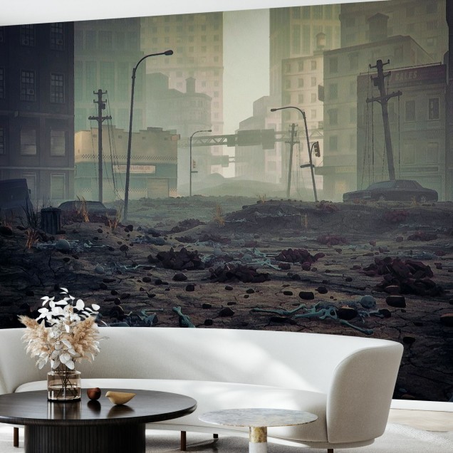 Tapet foto cu o atmosfera misterioasa si post-apocaliptica, ce prezinta un oras abandonat.