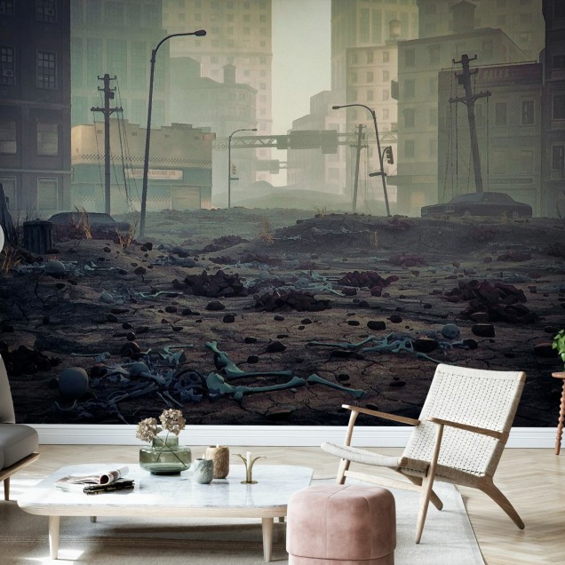 Tapet foto cu o atmosfera misterioasa si post-apocaliptica, ce prezinta un oras abandonat.
