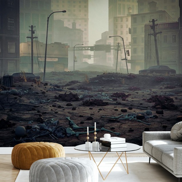 Tapet foto cu o atmosfera misterioasa si post-apocaliptica, ce prezinta un oras abandonat.