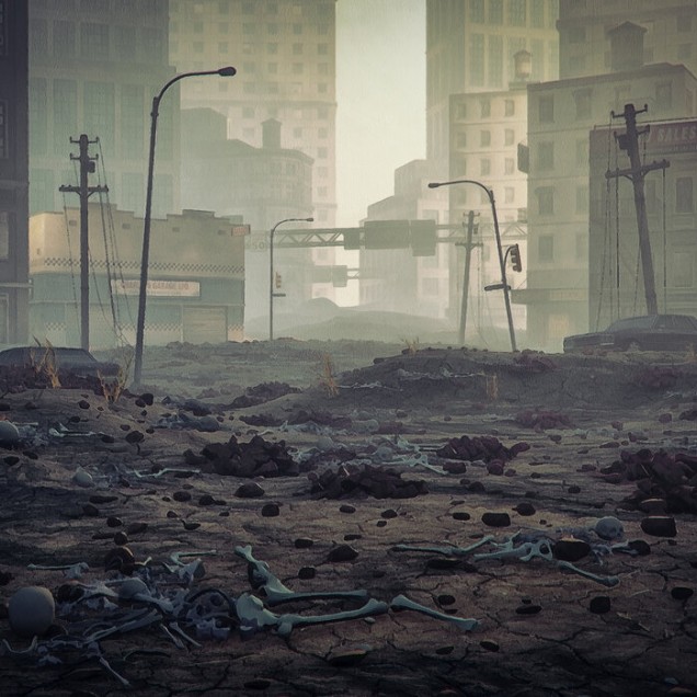 Tapet foto cu o atmosfera misterioasa si post-apocaliptica, ce prezinta un oras abandonat.