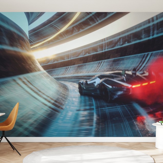 Tapet Speeding Sports Car cu o mașină de curse care zboară printr-un tunel futuristic.
