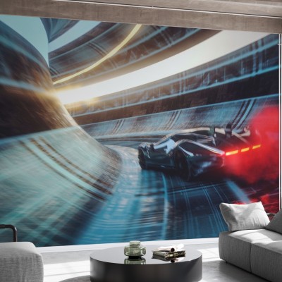 Tapet Speeding Sports Car cu o mașină de curse care zboară printr-un tunel futuristic.
