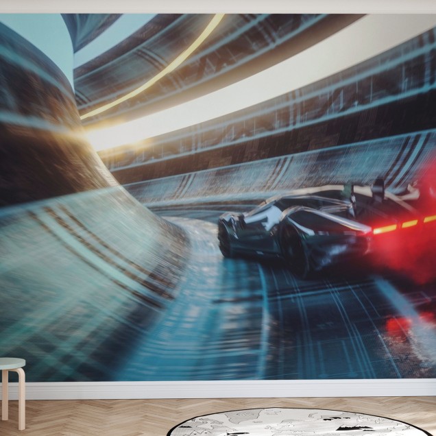 Tapet Speeding Sports Car cu o mașină de curse care zboară printr-un tunel futuristic.