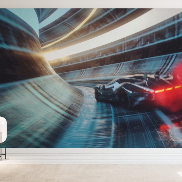 Tapet Speeding Sports Car cu o mașină de curse care zboară printr-un tunel futuristic.