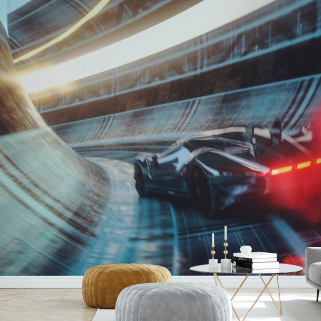 Tapet Speeding Sports Car cu o mașină de curse care zboară printr-un tunel futuristic.