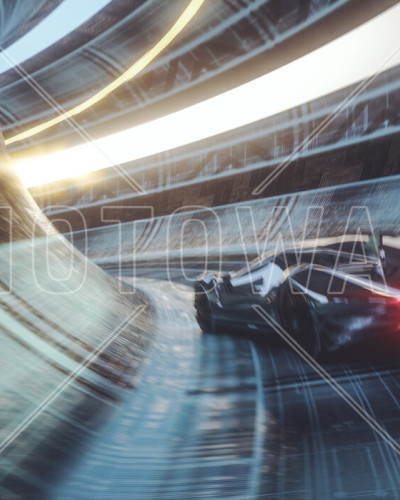 Tapet Speeding Sports Car cu o mașină de curse care zboară printr-un tunel futuristic.