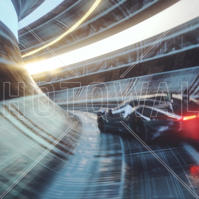 Tapet Speeding Sports Car cu o mașină de curse care zboară printr-un tunel futuristic.