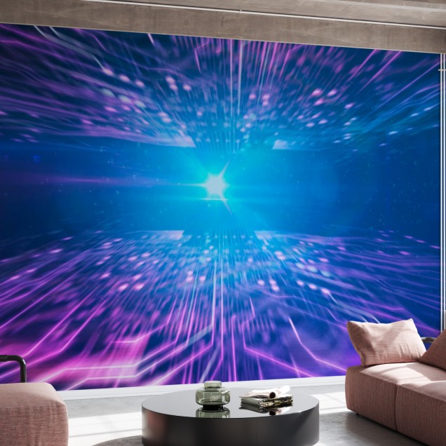 Tapet Light Speed Circuit Board cu design abstract și lumini vibrante, perfect pentru un living modern