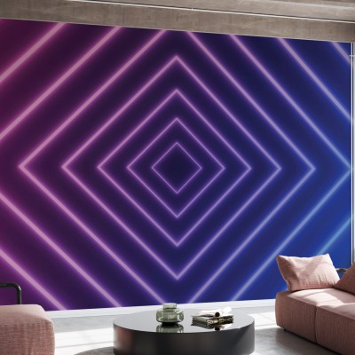 Tapet modern cu design geometric vibrant, roz aprins și albastru electric, Glowing Pink and Blue Warp.