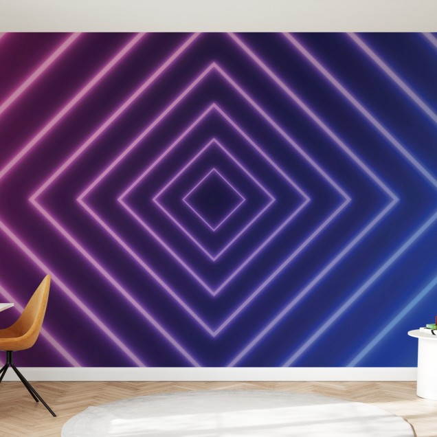Tapet modern cu design geometric vibrant, roz aprins și albastru electric, Glowing Pink and Blue Warp.