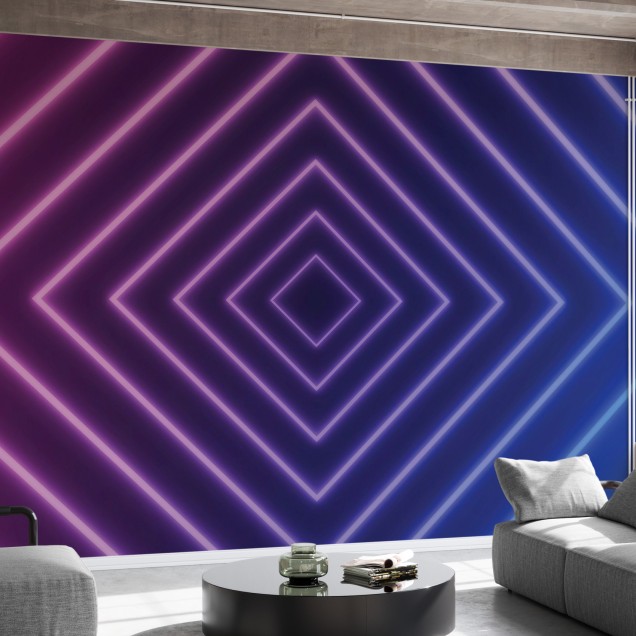 Tapet modern cu design geometric vibrant, roz aprins și albastru electric, Glowing Pink and Blue Warp.