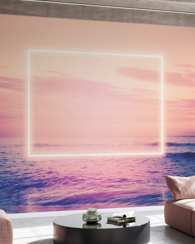 Tapet modern cu design minimalist de mare și cadru neon, aplicat pe un perete din living.