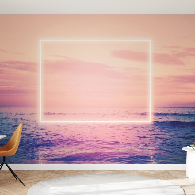 Tapet modern cu design minimalist de mare și cadru neon, aplicat pe un perete din living.