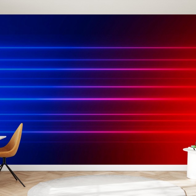 Wallpaper modern cu design abstract, iluminare vibranta, albastru si rosu, intr-un living cu canapea gri si o masa cu o vaza.