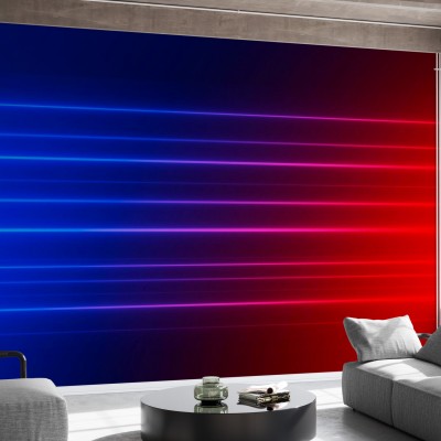 Wallpaper modern cu design abstract, iluminare vibranta, albastru si rosu, intr-un living cu canapea gri si o masa cu o vaza.