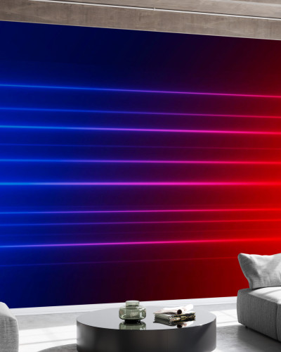 Wallpaper modern cu design abstract, iluminare vibranta, albastru si rosu, intr-un living cu canapea gri si o masa cu o vaza.