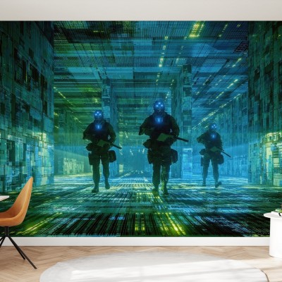 Tapet decorativ Cyborg Soldiers, cu trei soldati cyborg inarmati, intr-un coridor futuristic, decorativ.