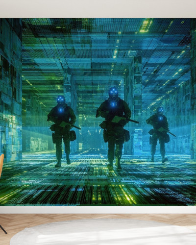 Tapet decorativ Cyborg Soldiers, cu trei soldati cyborg inarmati, intr-un coridor futuristic, decorativ.