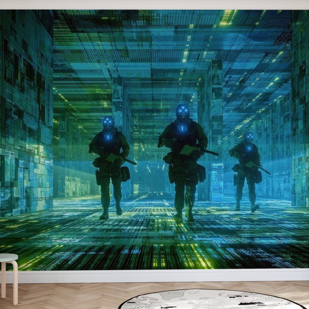 Tapet decorativ Cyborg Soldiers, cu trei soldati cyborg inarmati, intr-un coridor futuristic, decorativ.