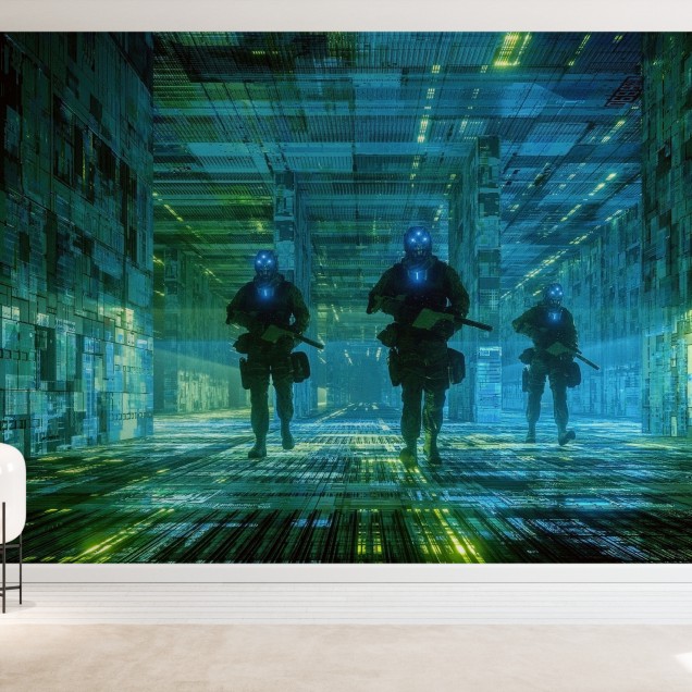 Tapet decorativ Cyborg Soldiers, cu trei soldati cyborg inarmati, intr-un coridor futuristic, decorativ.